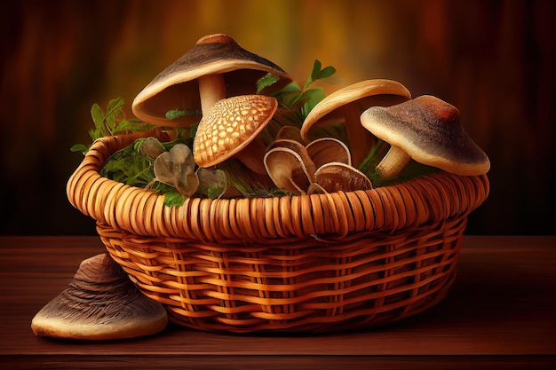 Съедобные белые грибы в плетеной корзине на деревянном фоне Generative Ai