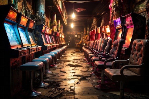 Edinburgh July 29th 2011 An wide angle interior shot of lined up and lit up coin slot machines with the commonly dim lit atmosphere of the host premises High quality photo