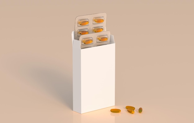 Editable mockup of fish oil omega 3 golden capsules in two blister pack 3d rendering