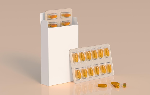 Editable mockup of fish oil omega 3 golden capsules in two blister pack 3d rendering