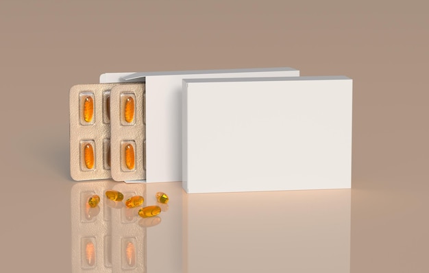 Photo editable mockup of fish oil omega 3 golden capsules in two blister pack 3d rendering