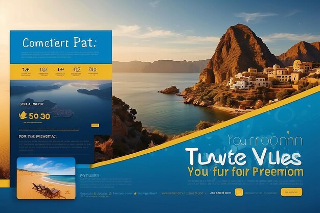 Photo editable template post for social media ad web banner ads for travel promotion design with blue and yellow color