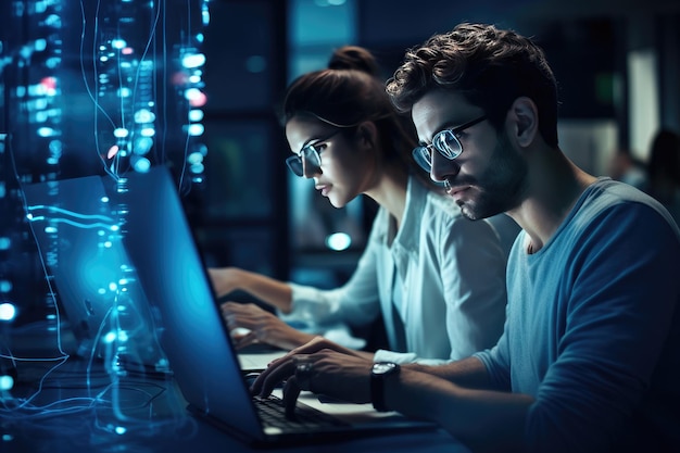 Editor woman and man use the computer working together in the office