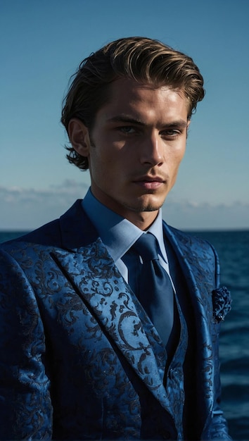 Editorial de Moda en Azul Modelo Masculino y Traje Azul Marino Junto al Mar