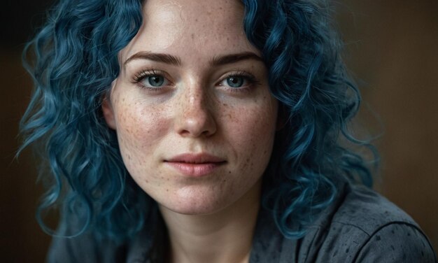 Photo editorial photograph of a 25 year old woman with messy hair curls blue hair