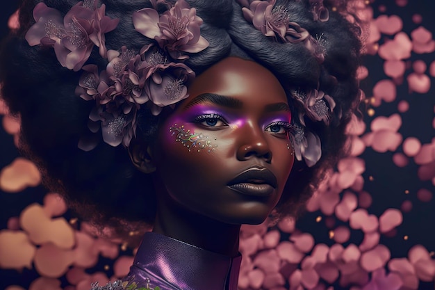 Editorial photography black woman inspired by celestial holographic iridescent peach blossoms AIGenerated