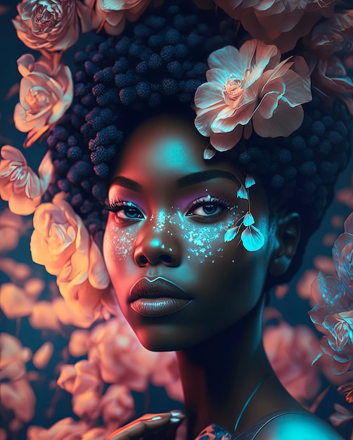 Editorial photography black woman inspired by celestial holographic iridescent peach blossoms AIGenerated