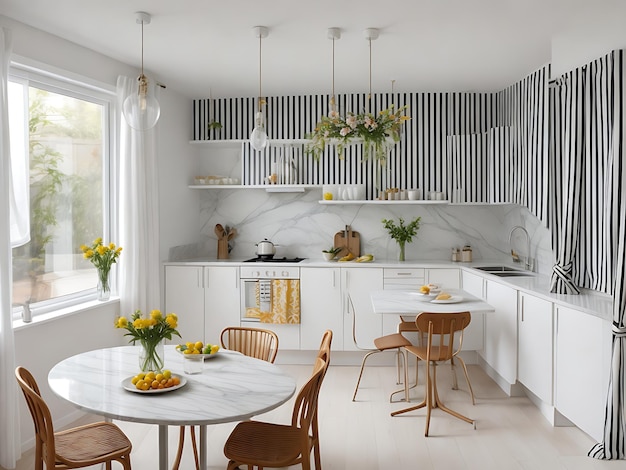 editorial style photo Small dining area in an open plan kitchen Vibrant bright wall color