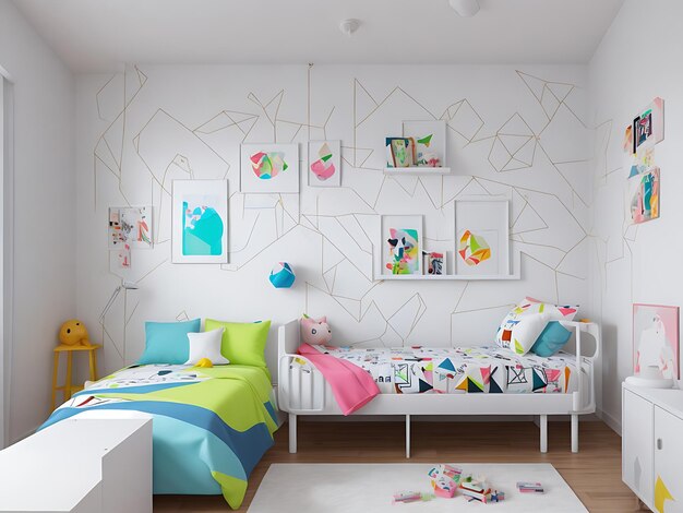 editorial style photograph kid bedroom in 2077 geometric white paint neon accents hd