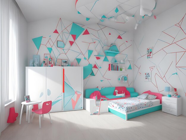 editorial style photograph kid bedroom in 2077 geometric white paint neon accents hd