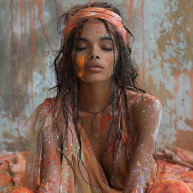 Editoriale modefoto van avantgarde holi festival kleding met splashes van kleur