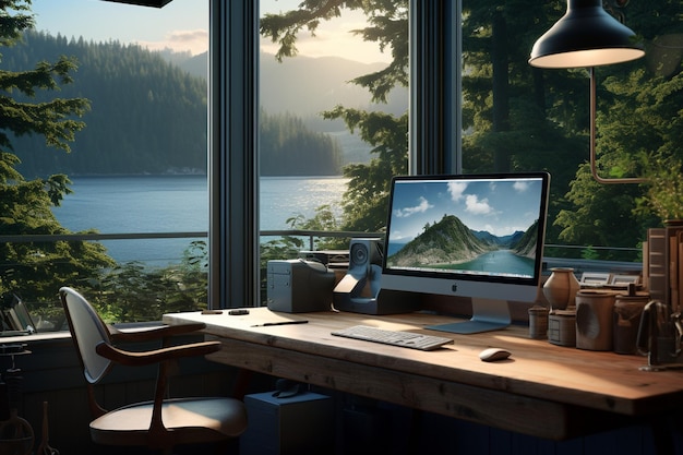 An editors workspace with a view of a serene natur 00472 03