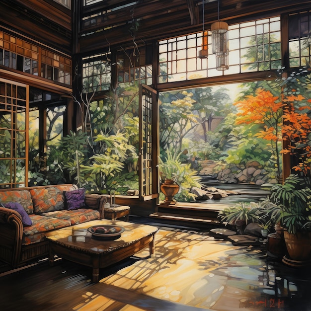 edo period house interior patio overlooking a bamboo