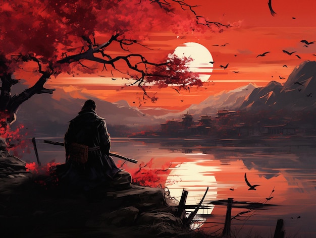 Edo Sunset with Samurai and Cherry Blossoms