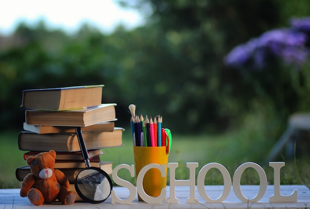 Photo educaion back school book stack page outdoor