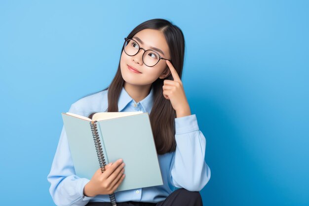 교육 된 열정 행복 한 아시아 학생 은 조용 한 파란색 에 둘러싸여 성찰 에 몰두 하고 있다