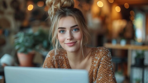 教育を受けた若い女性はデスクに座ってオンラインで勉強しウェブセミナーを見てウェブクラスを学びまたは仮想通話を通じてリモート会議を行う間ラップトップを使用しています