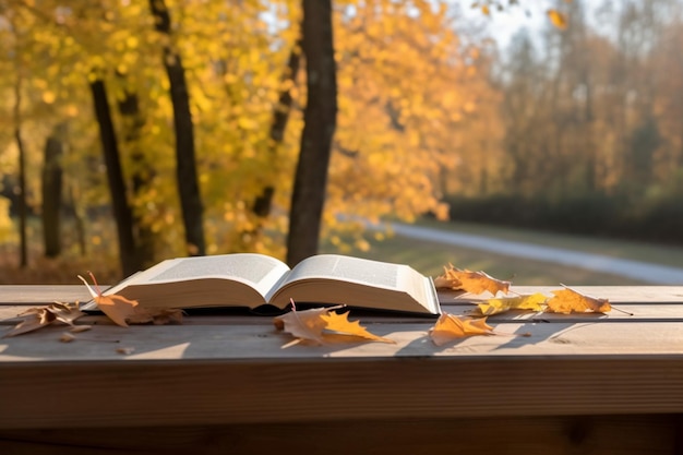 Educatieve retraite Open boek op een houten bank die het herfstlandschap omarmt