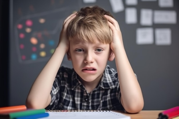 Education autism and portrait of a boy with an emotional disorder in the classroom being stressed