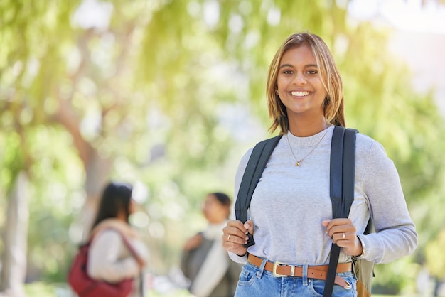 Education backpack and college with portrait of woman on campus for learning scholarship and knowledge Study future and university with girl student back to school for academy exam and goal