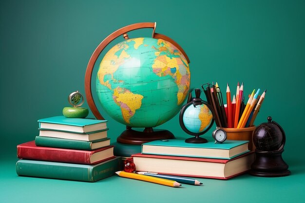 Education composition with a globe a stack of books and school supplies on a green background