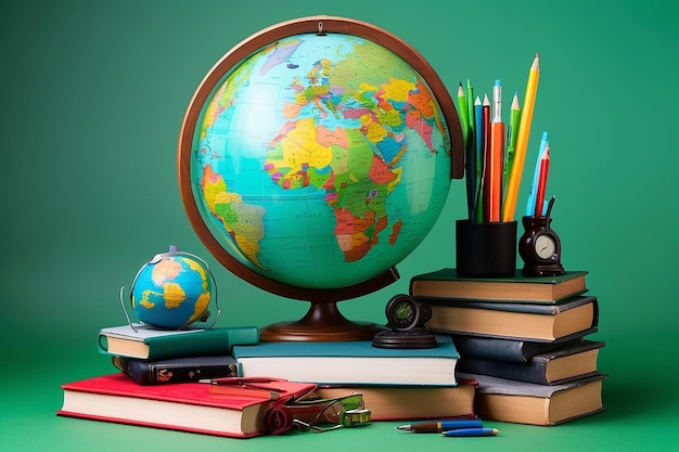 Education composition with a globe a stack of books and school supplies on a green background