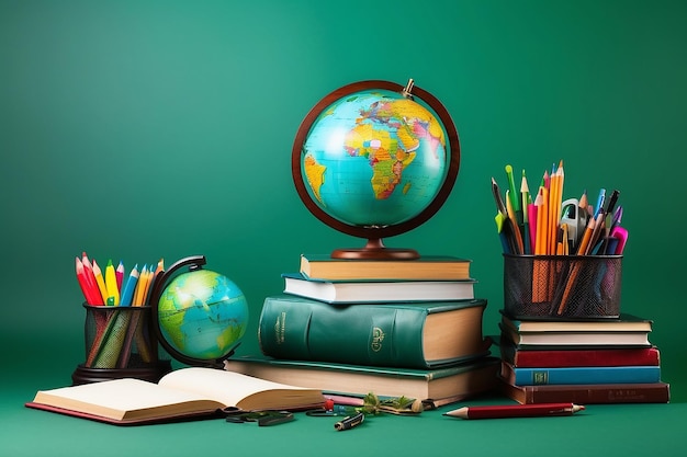 緑の背景に書籍と学校用品のスタックをグローブで構成した教育構成