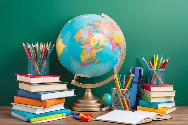 Education composition with a globe a stack of books and school supplies on a green background