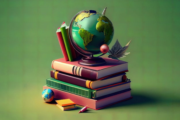 Photo education composition with a globe a stack of books and school supplies on a green background