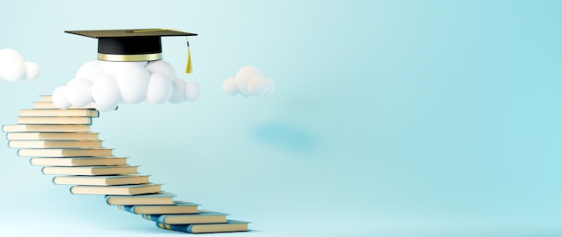 Photo education concept. 3d of books and graduation hat on blue background.