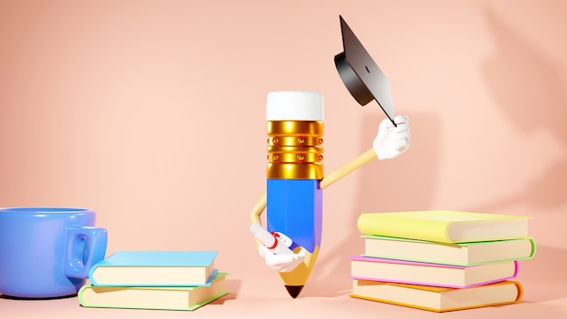 Education concept. 3d of books and pencil on orange background. 