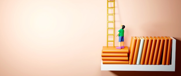 Photo education concept. 3d of books on the shelves on orange background.