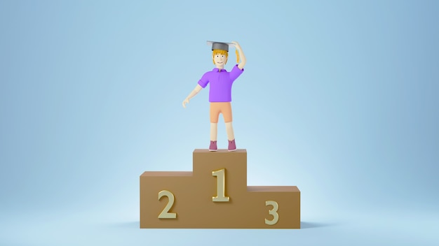 Education concept. 3d of A boy wearing a graduate hat on podium on blue wall. Modern flat design isometric concept of Education. Back to school.