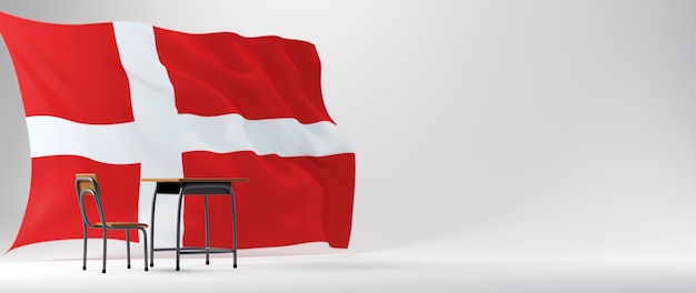 Education concept. 3d of desk and Denmark flag on white background. 