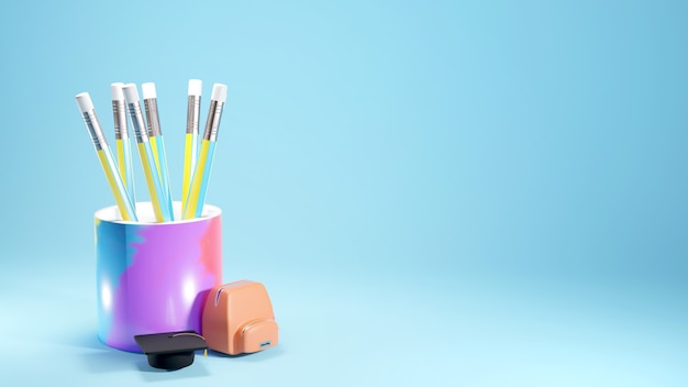 Education concept. 3d of pencils and mini school bag on blue background. 