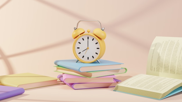 교육 개념. 책과 오렌지 배경에 시계의 3d 렌더링.