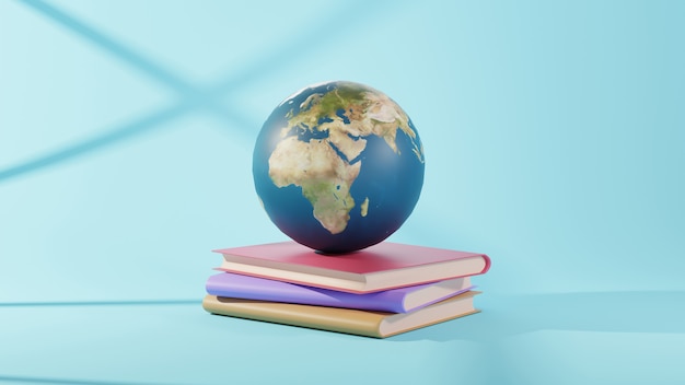 Photo education concept. 3d rendering of books and world on blue background.