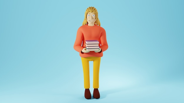 Education concept. 3d of A woman holding books on blue background.