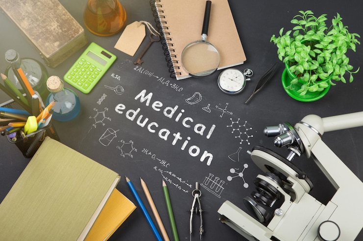 फोटो education concept books microscope and science inscription on the blackboard