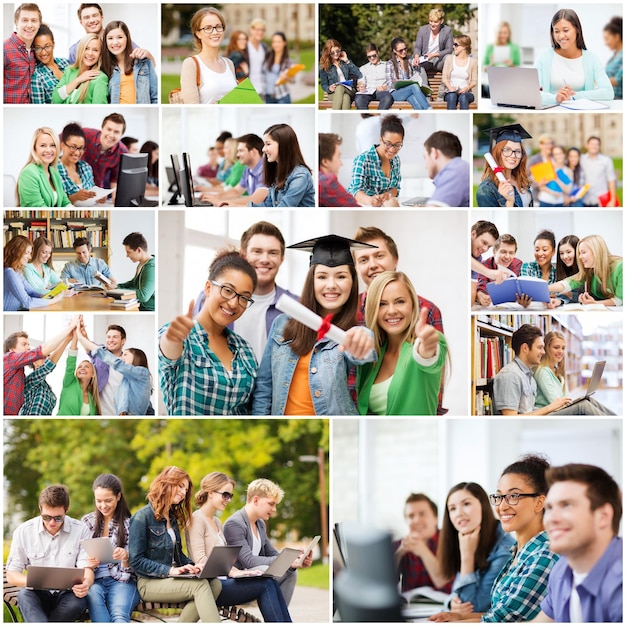 Education concept - collage with many pictures of students in\
college, university or high school