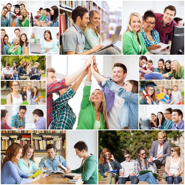 Concetto di educazione - collage con molte immagini di studenti al college, all'università o al liceo