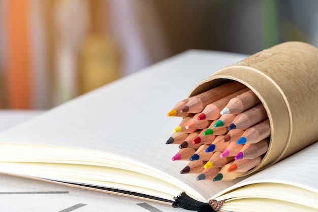 Concetto di educazione. colori le matite in portamatite e libri sulla tavola bianca