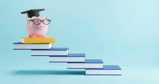 Education concept design of piggy bank with glasses wearing\
graduation cap on book stairs 3d render