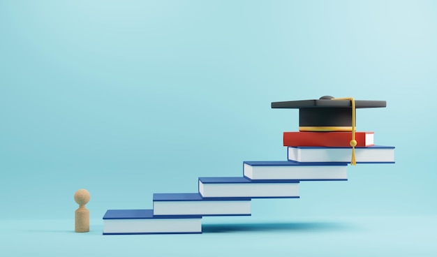 Photo education concept design of wooden people sign and graduation cap on book stairs 3d render