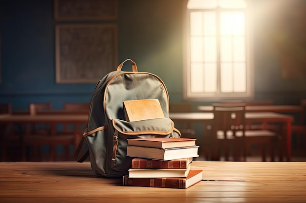 Education concept school desk with books and backpack in auditorium