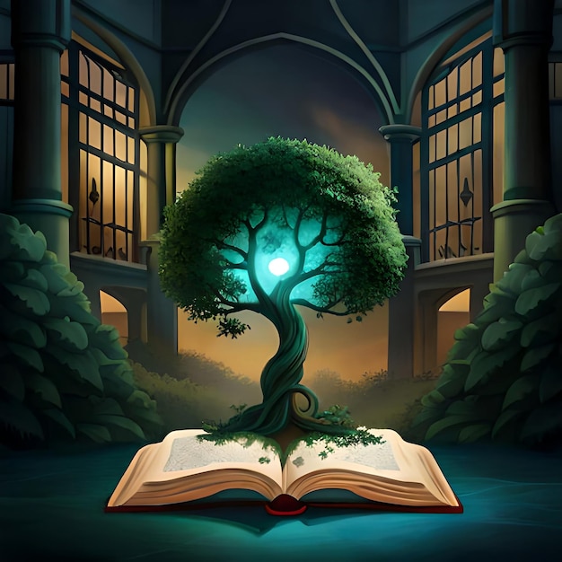 정글에서 오래된 큰 책을 여는 데 빛나는 지식 나무를 심는 교육 개념