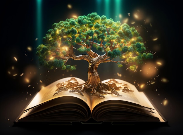 The Concept Of Education By Planting A Tree Of Knowledge In The Opening Of  An Old Book In The Library And The Magical Magic Of Light That Flies To The  Destination Of