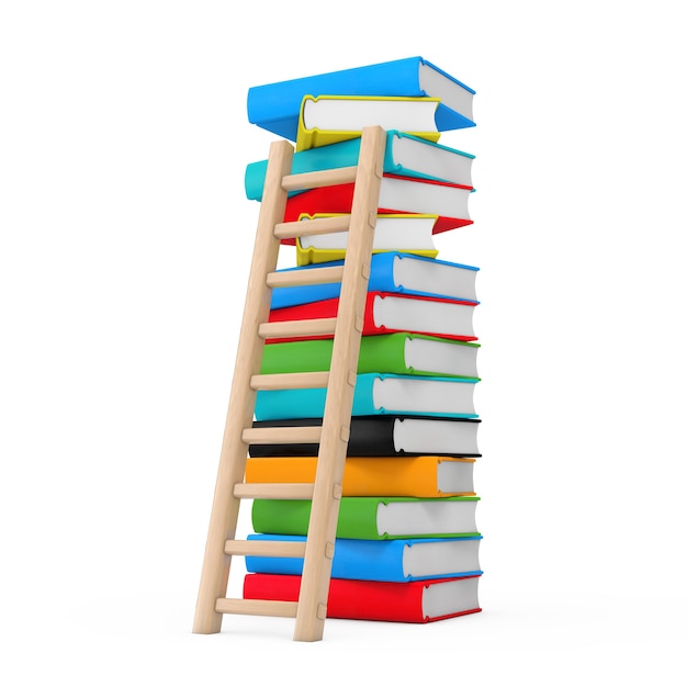 Education Concept. Wooden Ladder with Stack of Coloured School Books on a white background 3d Rendering