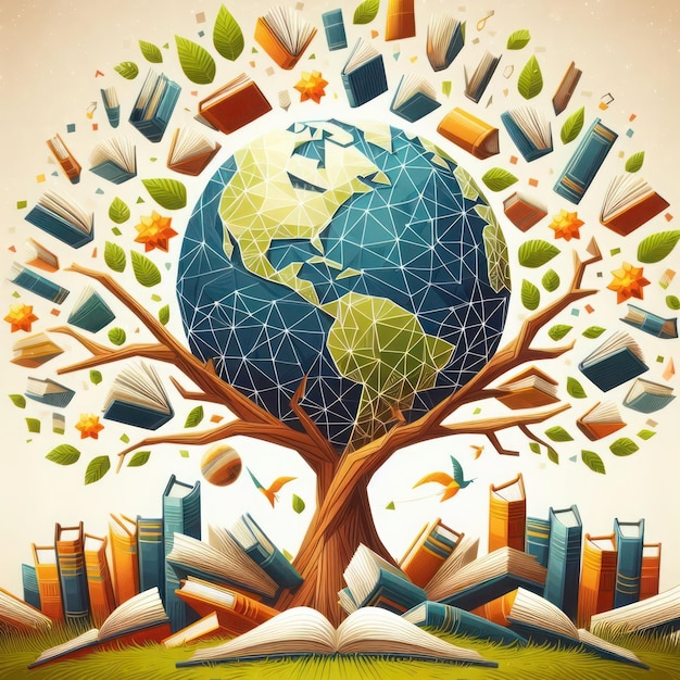 День образования Куча книг в библиотеке дерево знания в открытии старой книги