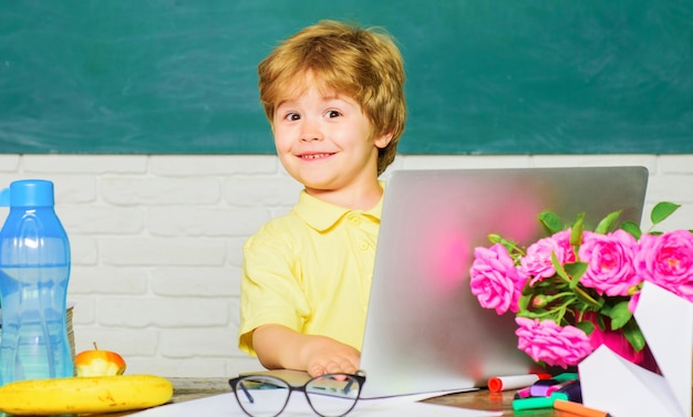 Education and e-learning. Little schoolboy with laptop in classroom. Kid at school.